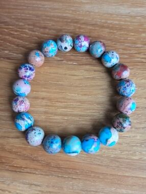 Blue & Tan Sea Sediment Jasper Beads Bracelet, Hand Crafted, Stretch